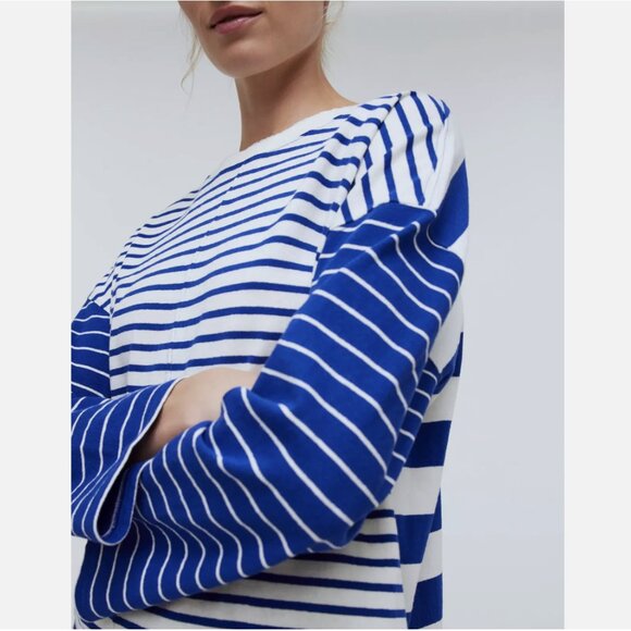 Madewell White Blue Easy Long-Sleeve Contrasting Stripe Rugby Tee - Picture 3 of 6